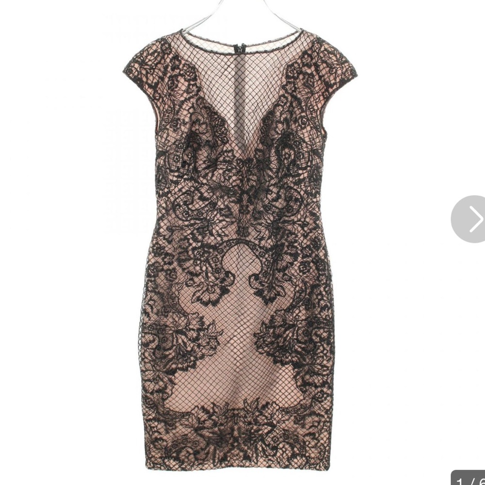 Tadashi Shoji Black Lace Overlay on nude Mini Dress